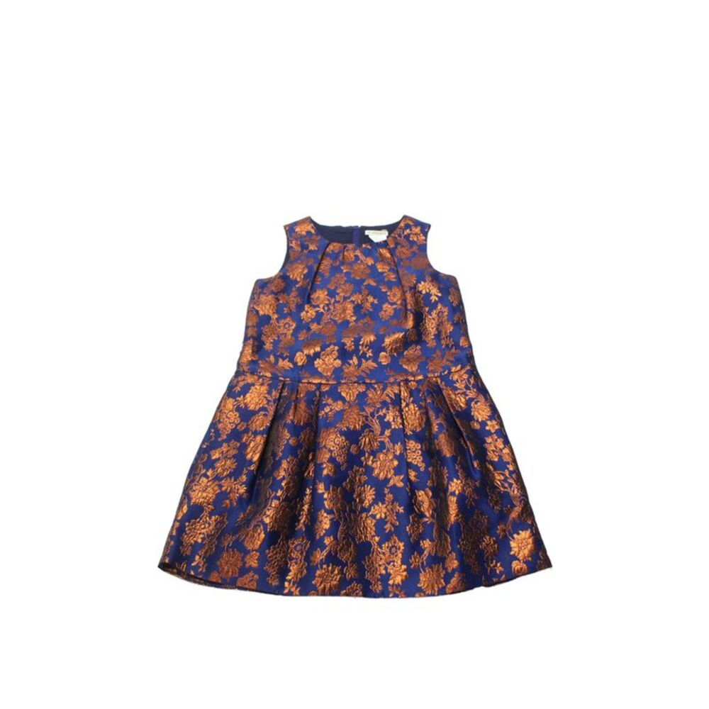 Crewcuts Girls Sleeveless Floral Brocade Pleated Detail Dress Dark Blue Size 6